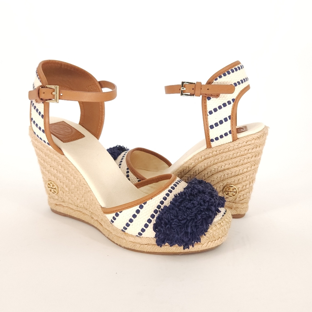 Tori Burch Espadrille Wedge Size 10 Sandals with Blue Fringe Accents
